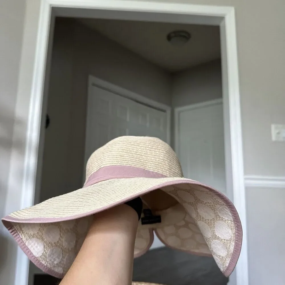 Saks Fifth Avenue Cream Beige Wide Brim Sun Beach Hat Boho Dusty Pink Packable